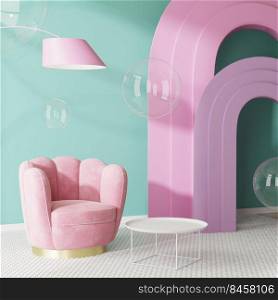 interior design with green wall, pink furniture and arches, with soap bubbles, surreal interior concept, 3d render