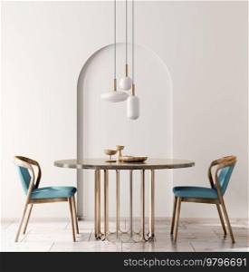 Interior design with marble round table and blue chairs. Modern dining room with beige wall. Cafe, bar or restaurant interior design. Home interior with pendant light. 3d rendering