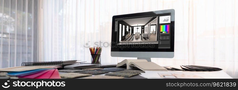 Interior designer workspace table and architecture software on laptop screen with mood board materials and colorful swatch color for color selection. Modern interior design office. Insight. Modern interior design office with laptop and colorful board materials. Insight