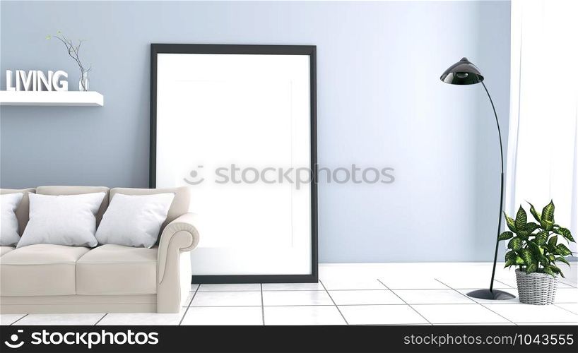 Interior has a gray sofa and lamp on empty white wall background,3D rendering
