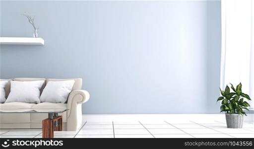 Interior has a gray sofa and lamp on empty white wall background. 3D rendering
