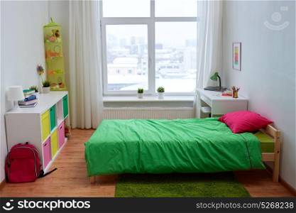 interior, home and furnishing concept - kids room with bed, other furniture and accessories. kids room interior with bed and accessories