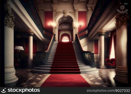 Interior hotel with stairs covered red carpet. Generative AI. High quality illustration. Interior hotel with stairs covered red carpet. Generative AI