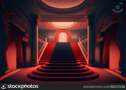 Interior hotel with stairs covered red carpet. Generative AI. High quality illustration. Interior hotel with stairs covered red carpet. Generative AI