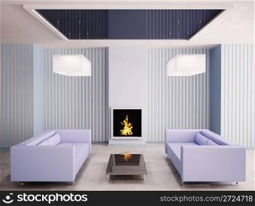 Interior in blue with fireplace and two sofas 3d render