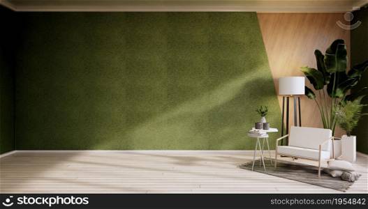 Interior ,Living room modern minimalist has armchair on Green wall and wooden floor.3D rendering