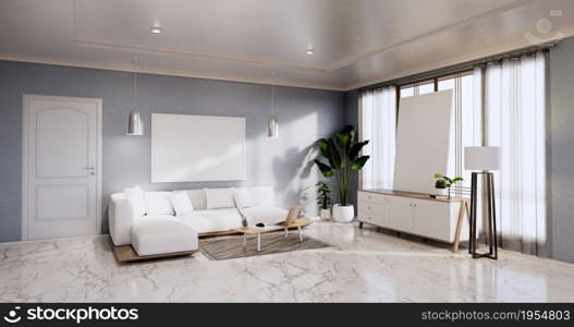 Interior,Living room modern minimalist has sofa and cabinet,plants,lamp on blue wall and granite tiles floor.3D rendering