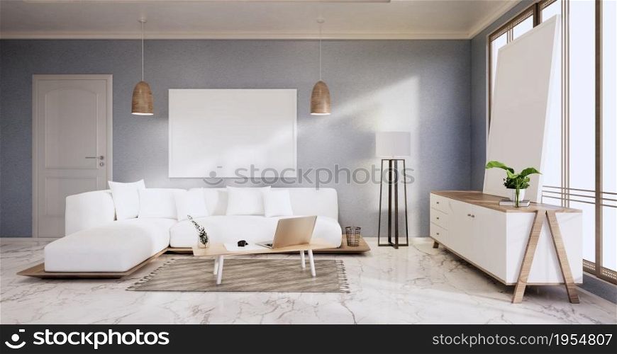 Interior,Living room modern minimalist has sofa and cabinet,plants,lamp on blue wall and granite tiles floor.3D rendering