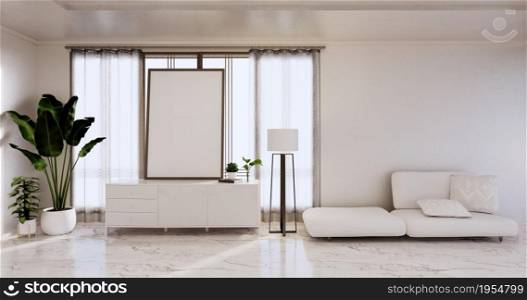 Interior,Living room modern minimalist has sofa and cabinet,plants,lamp on white wall and granite tiles floor.3D rendering