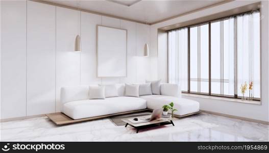 Interior,Living room modern minimalist has sofa on white wall and granite tiles floor.3D rendering