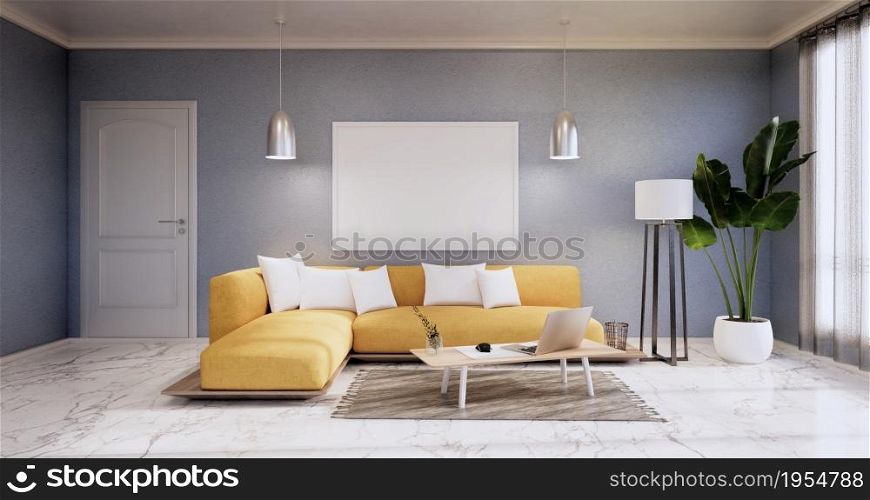 Interior ,Living room modern minimalist has yellow sofa on blue wall and granite tiles floor.3D rendering