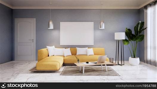 Interior ,Living room modern minimalist has yellow sofa on blue wall and granite tiles floor.3D rendering