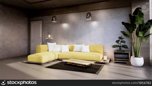 Interior ,Living room modern minimalist has yellow sofa on concert wall and granite tiles floor.3D rendering