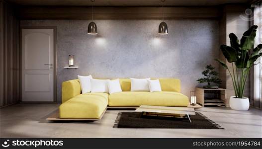 Interior ,Living room modern minimalist has yellow sofa on concert wall and granite tiles floor.3D rendering