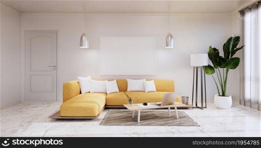 Interior ,Living room modern minimalist has yellow sofa on white wall and granite tiles floor.3D rendering