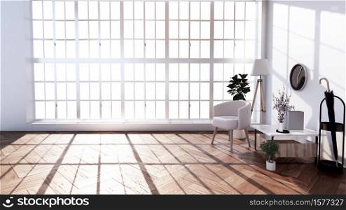 Interior Living room tropical style with armchair and mini cabinet wooden.3D rendering