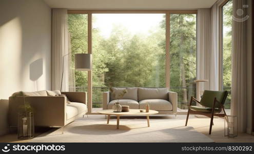 interior living room with large windows and overlooking the forest views, generative ai