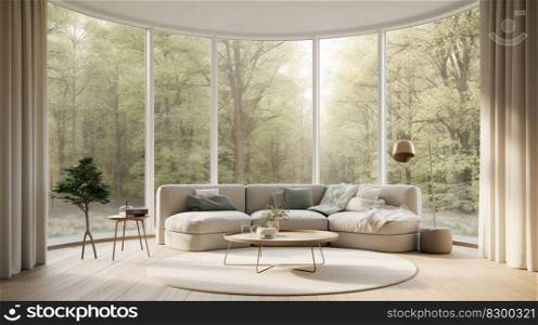 interior living room with large windows and overlooking the forest views, generative ai