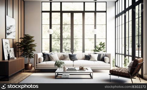 Interior living room with large windows. Generative AI