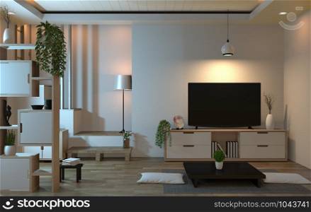 interior living room zen style with smart tv and decoration style japanese. 3D rendering