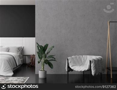 Interior mock up, loft style. Empty concrete wall in modern bedroom. Copy space for your artwork, picture, poster. Industrial style interior design. Apartment or hotel room. 3D rendering. Interior mock up, loft style. Empty concrete wall in modern bedroom. Copy space for your artwork, picture, poster. Industrial style interior design. Apartment or hotel room. 3D rendering.