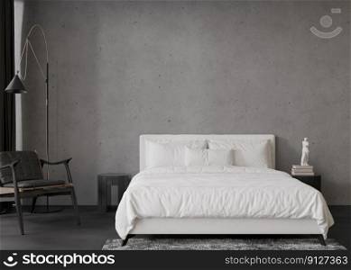 Interior mock up, loft style. Empty concrete wall in modern bedroom. Copy space for your artwork, picture, poster. Industrial style interior design. Apartment or hotel room. 3D rendering. Interior mock up, loft style. Empty concrete wall in modern bedroom. Copy space for your artwork, picture, poster. Industrial style interior design. Apartment or hotel room. 3D rendering.