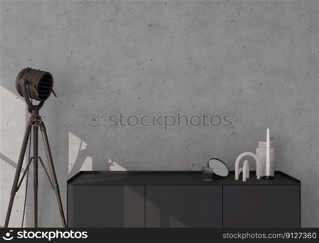 Interior mock up, loft style. Empty concrete wall in modern room, close up view. Copy space for your artwork, picture, poster. Industrial style interior design. 3D rendering. Interior mock up, loft style. Empty concrete wall in modern room, close up view. Copy space for your artwork, picture, poster. Industrial style interior design. 3D rendering.