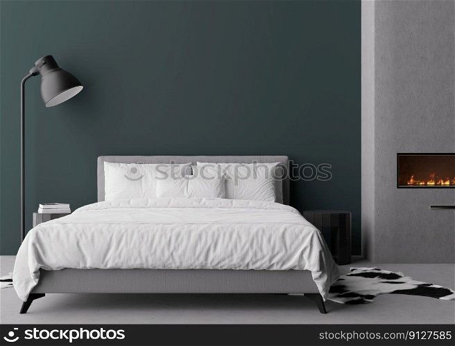 Interior mock up, loft style. Empty dark wall in modern bedroom. Copy space for your artwork, picture, poster. Industrial style interior design. Apartment or hotel room with fireplace. 3D render. Interior mock up, loft style. Empty dark wall in modern bedroom. Copy space for your artwork, picture, poster. Industrial style interior design. Apartment or hotel room with fireplace. 3D render.