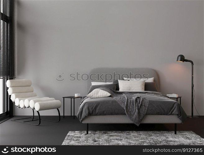 Interior mock up, loft style. Empty wall in modern bedroom. Copy space for your artwork, picture, poster. Industrial style interior design. Apartment or hotel room. 3D rendering. Interior mock up, loft style. Empty wall in modern bedroom. Copy space for your artwork, picture, poster. Industrial style interior design. Apartment or hotel room. 3D rendering.