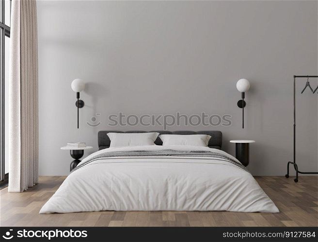 Interior mock up, loft style. Empty wall in modern bedroom. Copy space for your artwork, picture, poster. Contemporary style interior design. Apartment or hotel room with bed. 3D render. Interior mock up, loft style. Empty wall in modern bedroom. Copy space for your artwork, picture, poster. Contemporary style interior design. Apartment or hotel room with bed. 3D render.