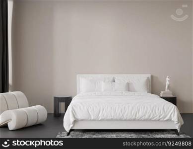 Interior mock up, loft style. Empty wall in modern bedroom. Copy space for your artwork, picture, poster. Contemporary style interior design. Apartment or hotel room with bed. 3D render. Interior mock up, loft style. Empty wall in modern bedroom. Copy space for your artwork, picture, poster. Contemporary style interior design. Apartment or hotel room with bed. 3D render.