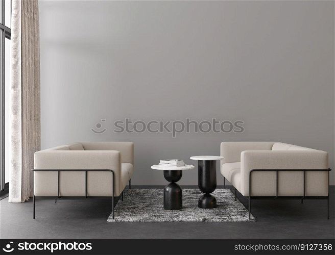 Interior mock up, loft style. Empty wall in modern living room. Copy space for your artwork, picture, poster. Industrial style interior design. Apartment or hotel room. 3D rendering. Interior mock up, loft style. Empty wall in modern living room. Copy space for your artwork, picture, poster. Industrial style interior design. Apartment or hotel room. 3D rendering.