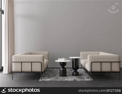 Interior mock up, loft style. Empty wall in modern living room. Copy space for your artwork, picture, poster. Industrial style interior design. Apartment or hotel room. 3D rendering. Interior mock up, loft style. Empty wall in modern living room. Copy space for your artwork, picture, poster. Industrial style interior design. Apartment or hotel room. 3D rendering.