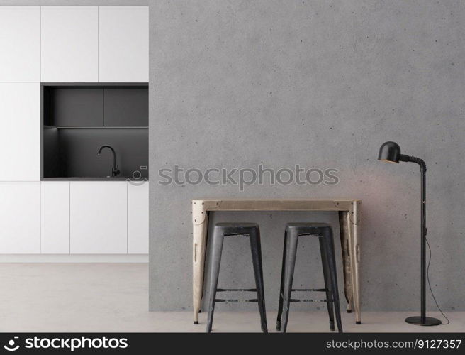 Interior mock up, loft style. Empty wall in modern room. Copy space for your artwork, picture, poster. Industrial style interior design. Apartment or hotel room. 3D rendering. Interior mock up, loft style. Empty wall in modern room. Copy space for your artwork, picture, poster. Industrial style interior design. Apartment or hotel room. 3D rendering.