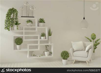 Interior mock up poster armchair and decoration plants in living room mock up design. 3D rendering.