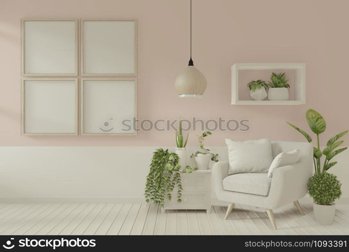 Interior mock up poster frame and armchair in living room mock up design. 3D rendering.