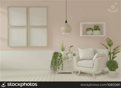 Interior mock up poster frame and armchair in living room mock up design. 3D rendering.