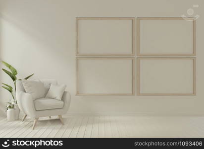 Interior mock up poster frame and armchair in living room mock up design. 3D rendering.