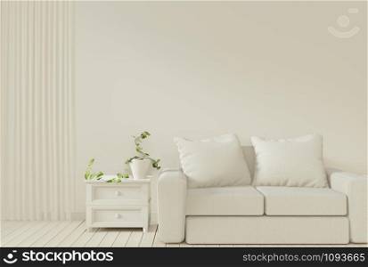 Interior mock up poster with sofa and decoration plants in living room with white wall. 3D rendering