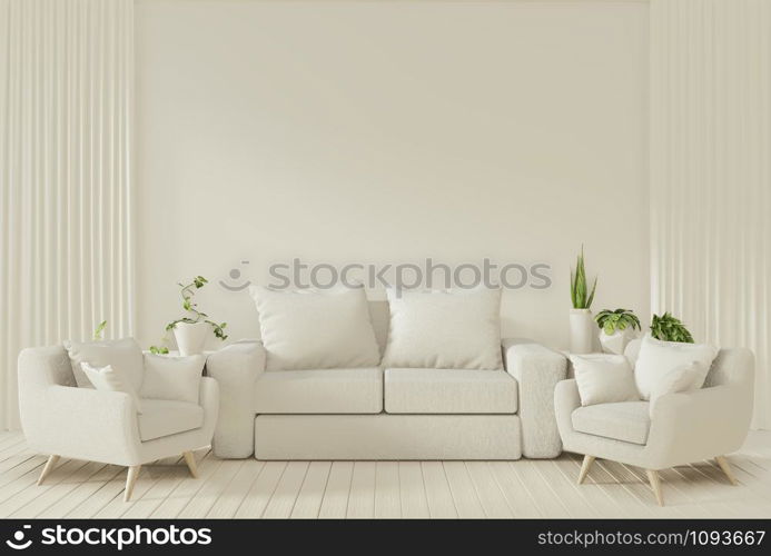 Interior mock up poster with sofa and decoration plants in living room with white wall. 3D rendering