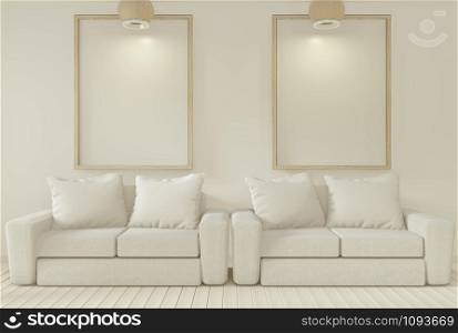 Interior mock up poster with sofa and decoration plants in living room with white wall. 3D rendering