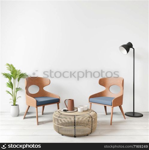 Interior mock up with two chairs, wooden floor, in living room with raw concrete wall loft style ,japanese minimal style 3D rendering.