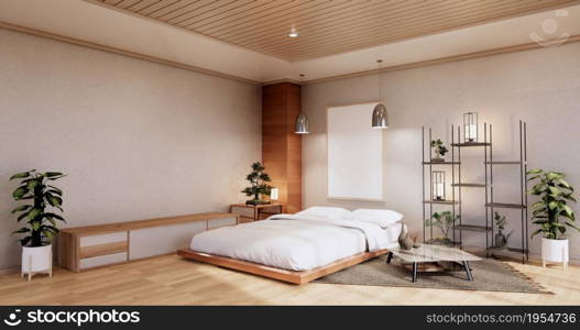 interior mock up with zen bed plant and decoartion in japanese bedroom. 3D rendering.