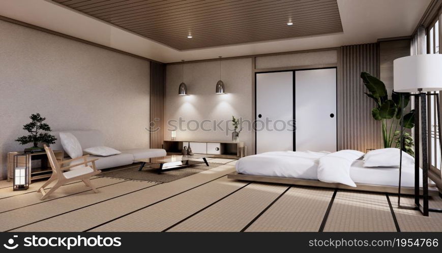 interior mock up with zen bed plant and decoartion in japanese bedroom. 3D rendering.