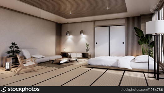 interior mock up with zen bed plant and decoartion in japanese bedroom. 3D rendering.