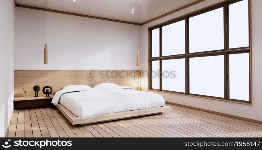 interior mock up with zen bed plant and decoartion in japanese bedroom. 3D rendering.