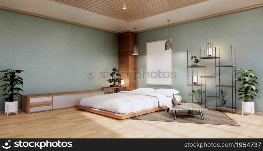 interior mock up with zen bed plant and decoartion in japanese cyan bedroom. 3D rendering.