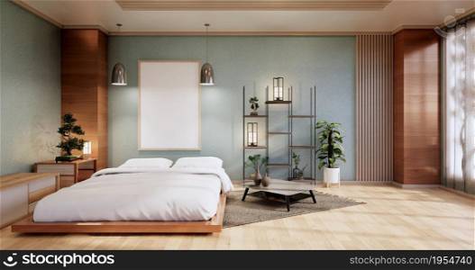 interior mock up with zen bed plant and decoartion in japanese cyan bedroom. 3D rendering.