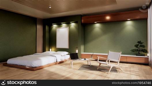 interior mock up with zen bed plant and decoartion in japanese green bedroom. 3D rendering.