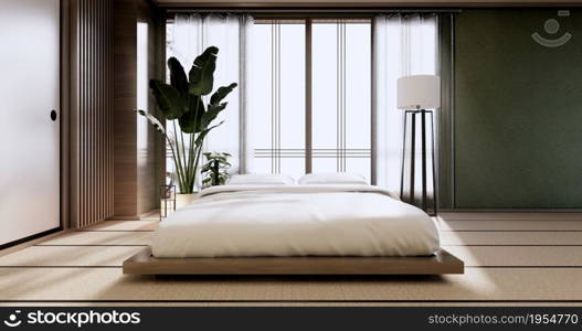 interior mock up with zen bed plant and decoartion in japanese green bedroom. 3D rendering.